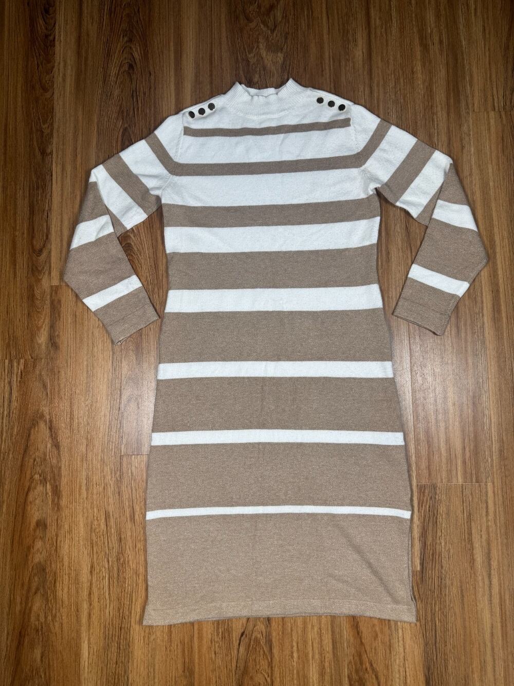 Kathy Ireland Y2K Tan/White Striped Sweater Mock Neck Long Sleeve Dress - Size L